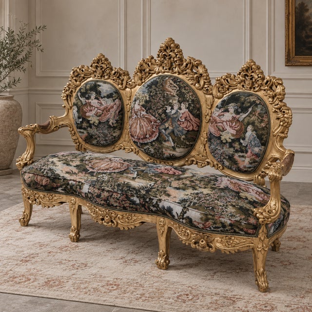Make a spectacular statement with this opulent French Rococo-style settee, featuring an exceptionally ornate carved frame...