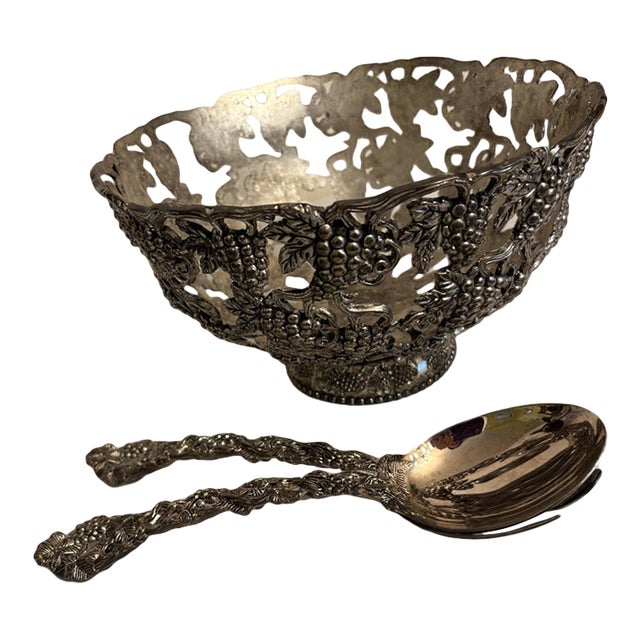 Vintage Godinger Silver-Plated Grapevine Pedestal Salad Bowl and Servers - 3 Pieces For Sale