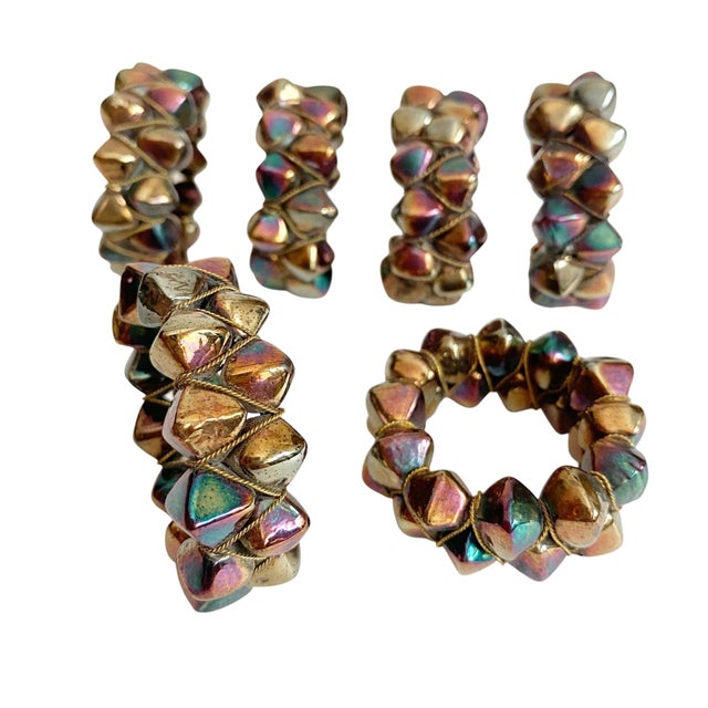 Vintage Geometric Spiked Napkin Rings Featuring Iridescent, Multi-Toned Metallic Beads - Oil Slick - Set of 6 For Sale - Image 4 of 5