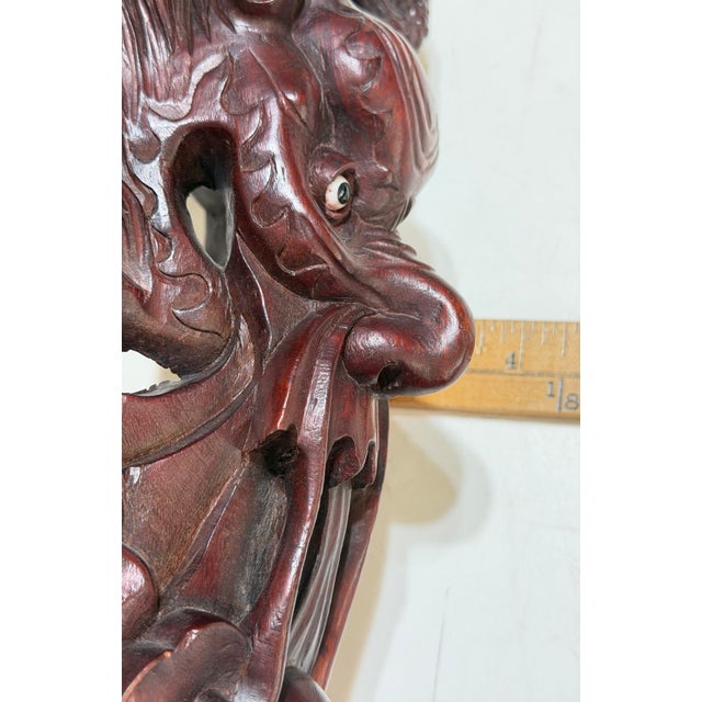 Brown Vintage Indonesian Hand-Carved Horned Guardian Wall Mask With Inset Eyes For Sale - Image 8 of 12