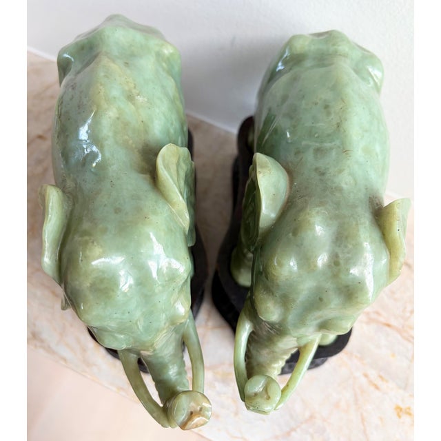 Antique Chinese Heavy Jadeite Jade Elephant Pair W/ Custom Stands 1920 For Sale - Image 4 of 11