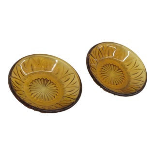 Mid 20th Century Pressed Glass Small Bowls Pair of 2 Amber Color Fruit Snack Butter Dishes - Set of 2 For Sale