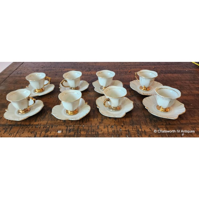 White Set 8 Japanese Porcelain Lotus Shaped Demitasse Cups & Saucers, C1970s For Sale - Image 8 of 10