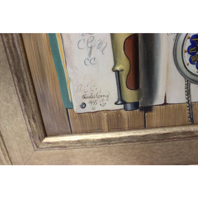 Mid-Century 1955 Charles Cerny Trompe l'Oeil Oil Painting from a Palm Beach estate. Frame dimensions: 15 3/4 h x 13 11/16...