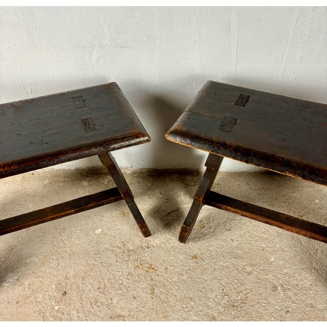 Pair of Rustic Spanish Wooden Stools, 1900s For Sale - Image 12 of 12