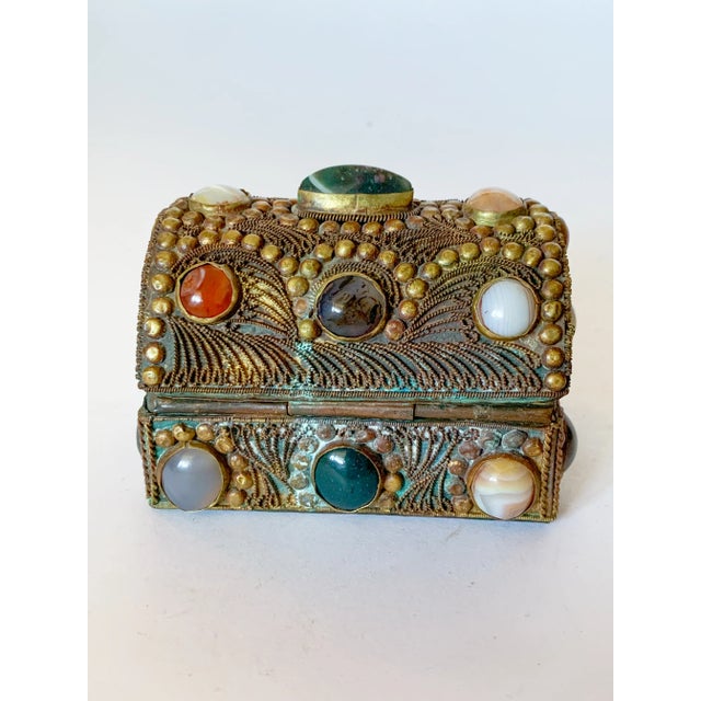 Antique Tibetan Bronze Filigree and Gemstone Agate Inlaid Jeweled Jewelry Box For Sale - Image 4 of 10