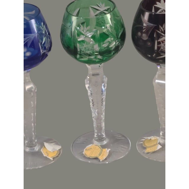 Hollywood Regency Vintage Bohemian Cut Glass Multi Color Set of 4 Cordial Glasses For Sale - Image 3 of 7