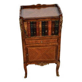 Antique French Louis XV Style Mahogany Inlay Nightstand With Faux Book Front Gallery Top Bronze Mounts For Sale