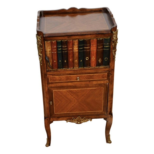 Antique French Louis XV Style Mahogany Inlay Nightstand With Faux Book Front Gallery Top Bronze Mounts For Sale