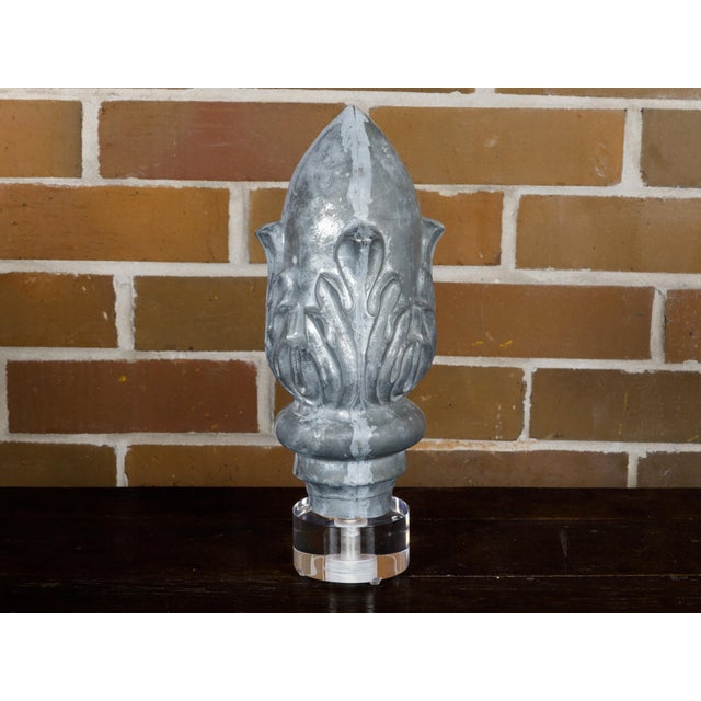 Zinc Crowned Acorn 1920s Decorative Element Mounted on Circular Lucite Base For Sale - Image 12 of 12