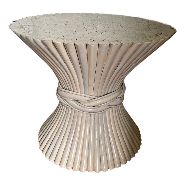 1980s Vintage McGuire Style Mid Century Rattan Sheaf of Wheat End Table Base Stand For Sale