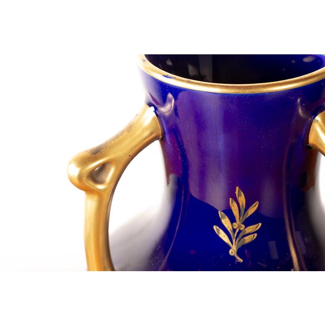 Blue Large Neo-Classical Porcelain Vases with Cobalt Blue and Gold Motifs from Pinon-Heuzé Factory, 1930s, Set of 2 For Sale - Image 8 of 15
