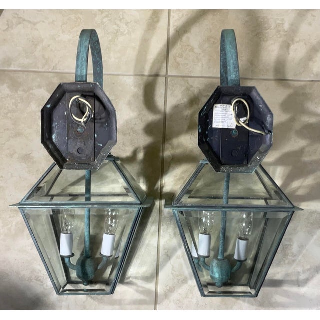 Pair of Vintage Solid Brass Lanterns - 9” X 9” X 18” High For Sale - Image 4 of 10
