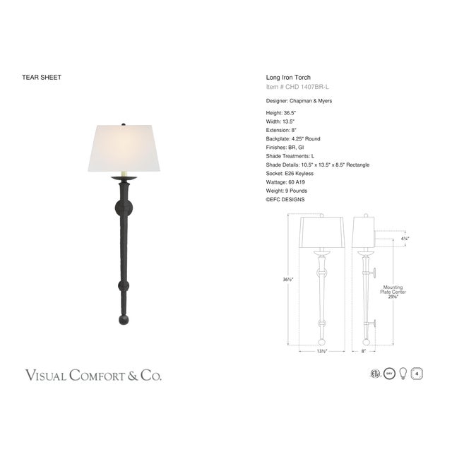 Transitional Chapman & Myers for Visual Comfort Signature Long Iron Torch in Black Rust with Linen Shade For Sale - Image 3 of 4