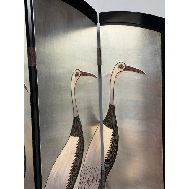 Art Deco Style Six-Panel Silver Leaf Crane Screen, Hong Kong, Circa 1980 For Sale - Image 4 of 18