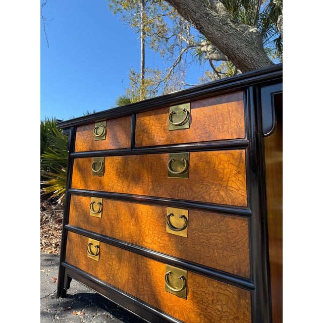 1970s Raymond K. Sobota for Century Furniture Chin Hua Burlwood & Brass Campaign Chest / Dresser For Sale - Image 11 of 13