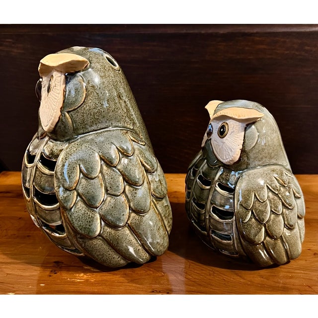 1970s Vintage Japanese Mottled Glazed Stoneware Owl Candle Lanterns, 1970s, Set of 2 For Sale - Image 5 of 11