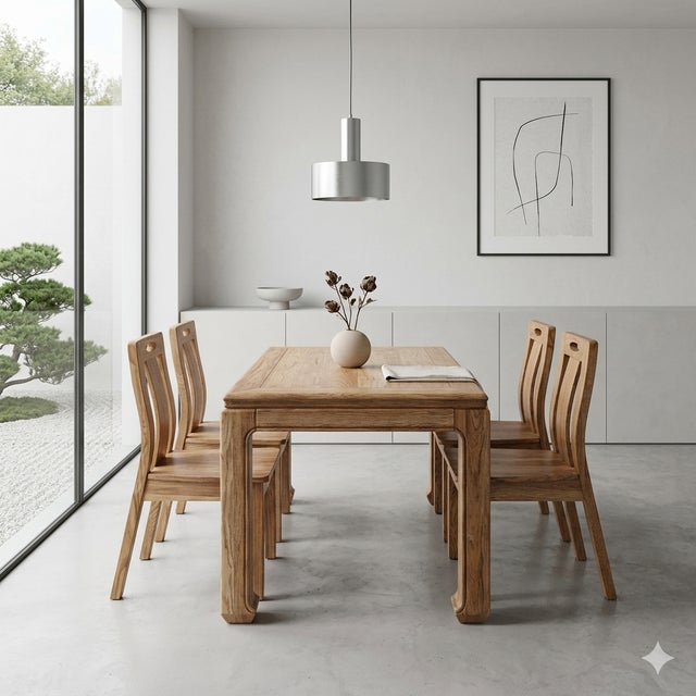 Tan Oriental Light Wood Rough Grain Rectangular Dining Table 4 Chairs Set For Sale - Image 8 of 8