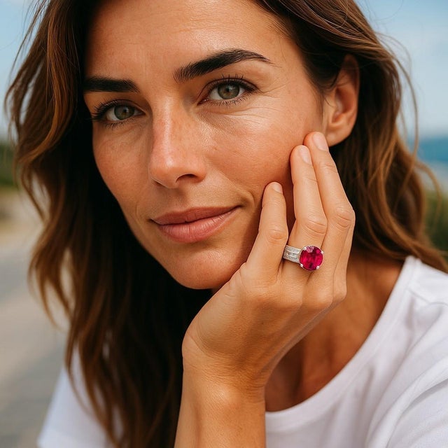 Metal Gia Certified No Indication of Heating Burma Cabochon Ruby Diamond Platinum Ring, Size 5 For Sale - Image 7 of 9