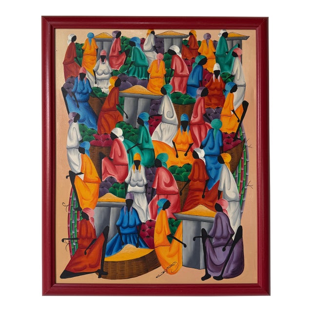 Vintage Haitian Still Life Market Scene Oil on Canvas Painting – Framed For Sale