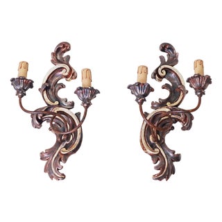 Italian Baroque Hand-Carved Wall Lights in Wood & Metal, 1950s, Set of 2 For Sale