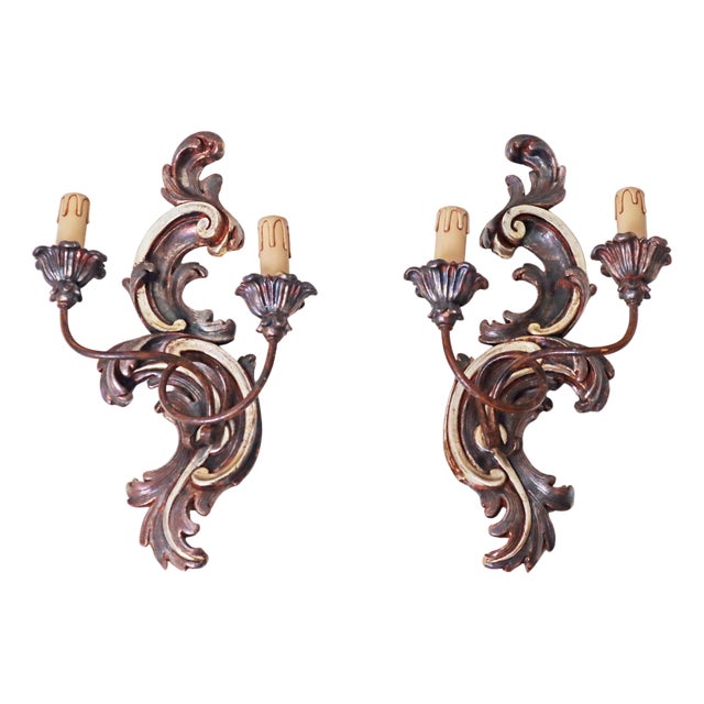 Italian Baroque Hand-Carved Wall Lights in Wood & Metal, 1950s, Set of 2 For Sale
