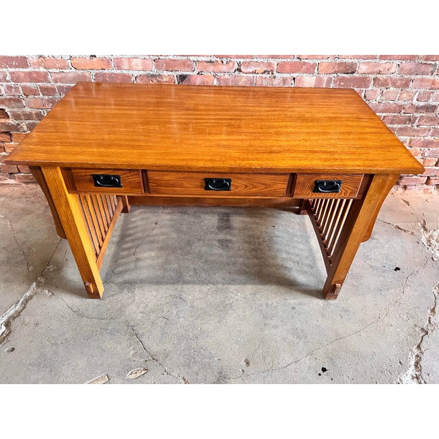 Arts & Crafts Vintage Stickley Style Mission Arts & Crafts Solid Spindle Oak Writing Work Table Desk For Sale - Image 3 of 9