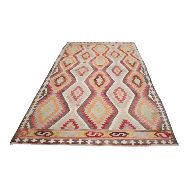 Vintage Handwoven Turkish Rug Kilim, Primitive Tribal Statement, Bohemian Area Rug - 5′8″ X 9′6″ For Sale