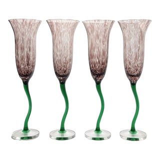 1990s Art Nouveau 4 Hand Blown Organic Lily Champagne Flute Glasses - Set of 4 For Sale