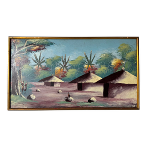 Vintage Impressionist African Traditional Landscape Oil on Canvas Painting