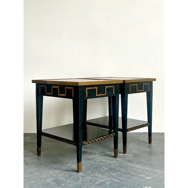 Vintage Regency Greek Key Brass Trim Side Tables - A Pair For Sale - Image 9 of 11