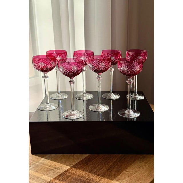 Ruby Cut-to-Clear Crystal Cordial Glasses attributed to Val Saint Lambert, 1950, Set of 8 For Sale - Image 10 of 18