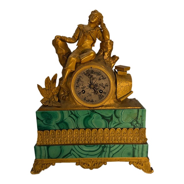 Antique Charles X Period Ormolu and Malachite Figural Mantel Clock For Sale