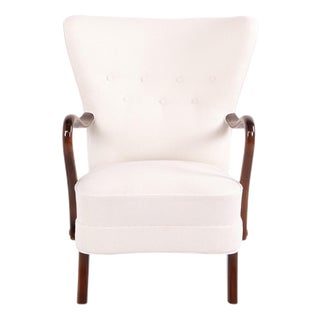 High-Back Armchair Model 23B in Polished Wood and Light Upholstery, 1940s For Sale