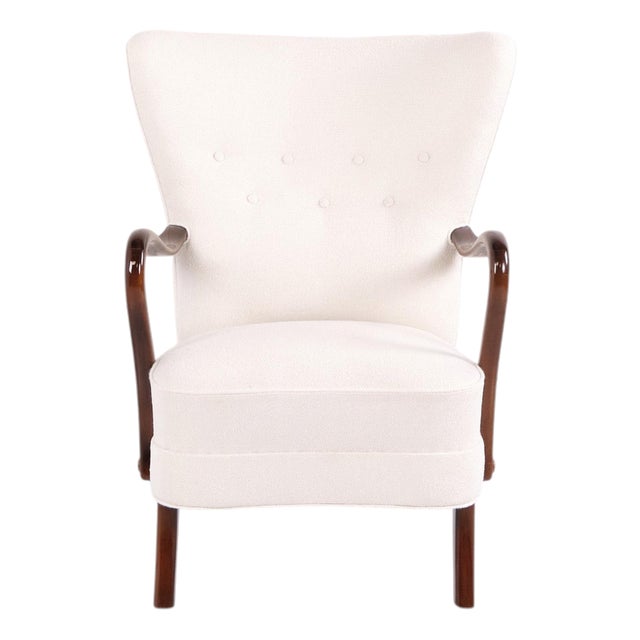 High-Back Armchair Model 23B in Polished Wood and Light Upholstery, 1940s For Sale