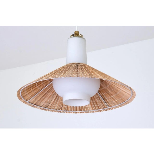 Pendant in Opal Glass, Lamellar Aspen Wood and Brass by Paavo Tynell for Idman, 1950s For Sale - Image 6 of 11