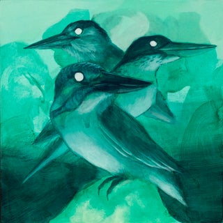 Three Kings by Cody Jimenez | Acrylic on panel Three birds with dark heads on a green background. For Sale