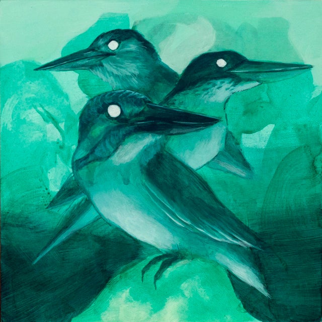Three Kings by Cody Jimenez | Acrylic on panel Three birds with dark heads on a green background. For Sale