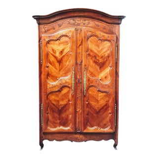 18th-Century Louis XV French Armoire De Mariage With Carved Flower Accents in Wild Cherry Wood For Sale