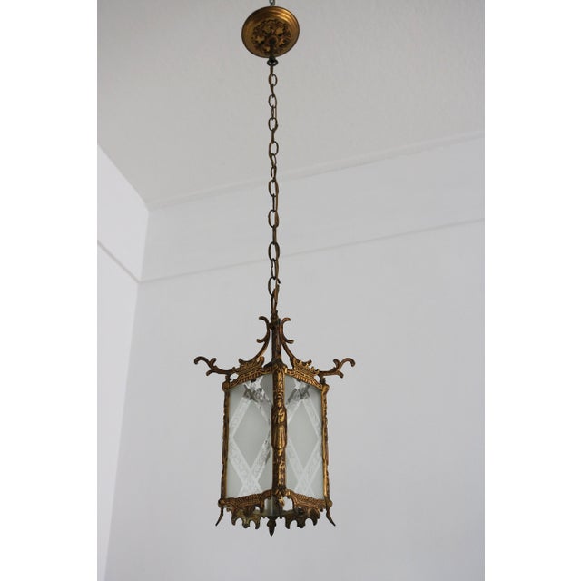 Antique Japanese Style Brass and Etched Glass Hanging Lantern, Early 20th Century For Sale - Image 5 of 18