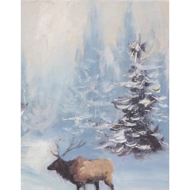 Impressionist Original Oil Painting, Deer in the Winter Forest For Sale - Image 3 of 5