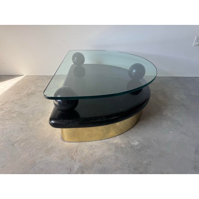 1980’s Postmodern Tessellated Stone and Brass Half-Moon Coffee Table With Glass Top/ Sold For Sale In Miami - Image 6 of 12