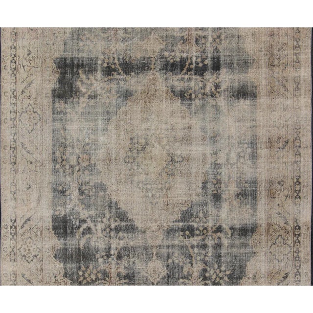 Distressed Turkish Rug With Floral Design in Taupe, Dark Gray Tan & Charcoal For Sale - Image 4 of 13