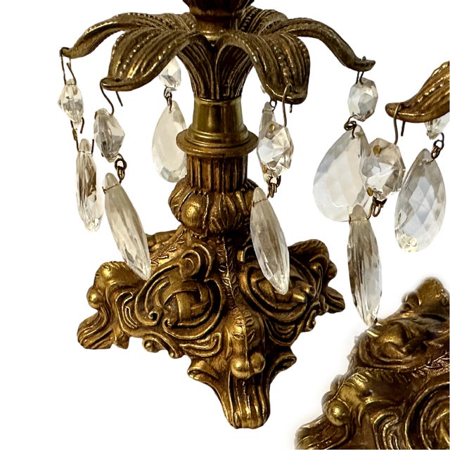 Rococo Vintage Brass & Crystal Baroque Hollywood Regency Candlestick Holders - A Pair For Sale - Image 3 of 4