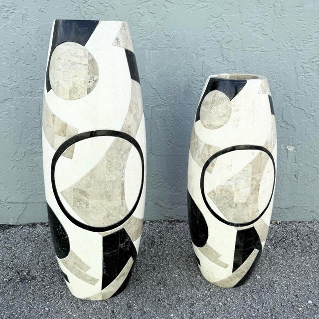 1990s Postmodern Abstract Tessellated Stone Vases - Set of 2 For Sale - Image 5 of 6