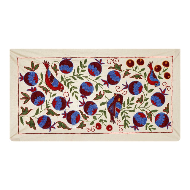 Suzani Embroidered Wall Hanging With Birds – Vintage Boho Textile Art 1'7'' X 2'9'' For Sale