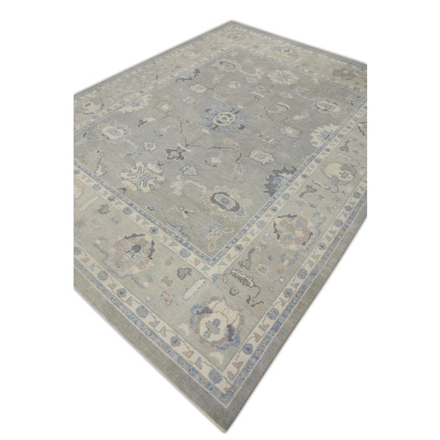 Textile Turkish Oushak Rug Olive Green & Soft Blue Handwoven Wool Rug 7'9" X 10'1" For Sale - Image 7 of 8