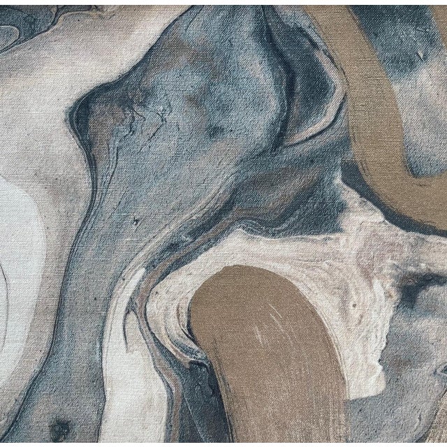 Abstract Marbelized Golden Teal Swirls of Cotton and Linen Canvas, Down Filled Pillow, Fabric Made in India For Sale - Image 3 of 3