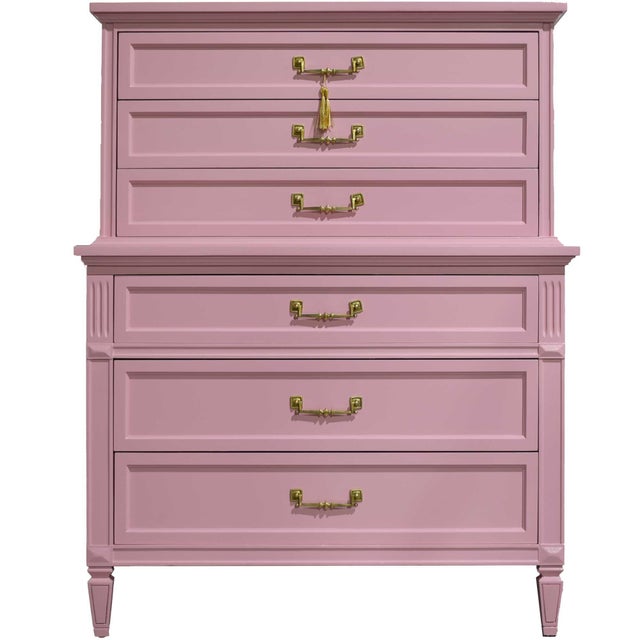 Mid Century Transitional Highboy Dresser by Dixie Furniture in Pink - Newly Painted For Sale - Image 14 of 14