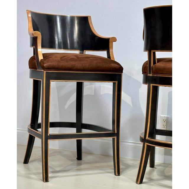 Wood Pair of Gregorius- Pineo Two-Tone Ebonized & Natural Wood Bar Stools With Brown Ultrasuede For Sale - Image 7 of 12